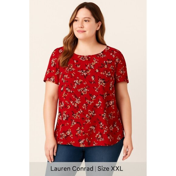 Lauren Conrad Women’s Size XXL Red Floral Short-Sleeve Blouse – Keyhole Back – 1 - Picture 6 of 6